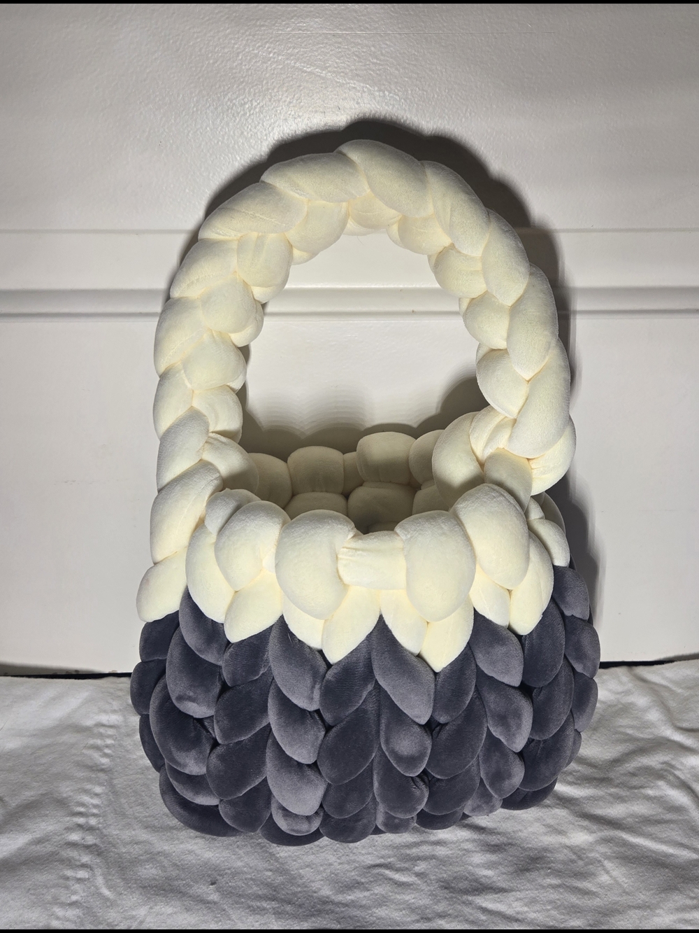 Handmade Plush Braided Two-Tone Tote Bag in Cream and Charcoal